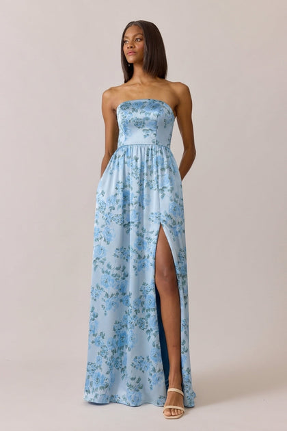 Maren Satin Floral Print Dress | Made To Order | Sky Blue Blossom