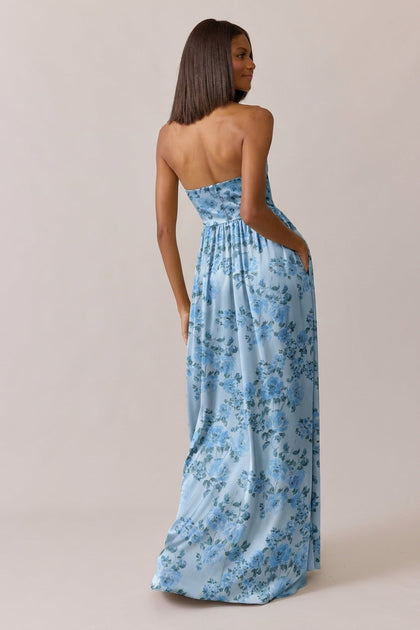 Maren Satin Floral Print Dress | Made To Order | Sky Blue Blossom