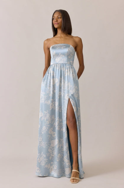 Maren Satin Floral Print Dress | Made To Order | Sky Blue Bouquet