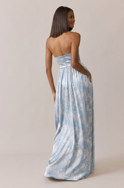 Maren Satin Floral Print Dress | Made To Order | Sky Blue Bouquet