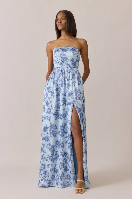 Maren Satin Floral Print Dress | Made To Order | Sky Blue Garden