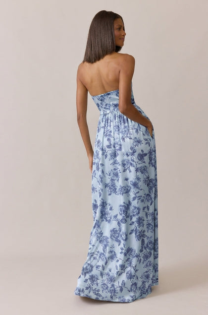 Maren Satin Floral Print Dress | Made To Order | Sky Blue Garden