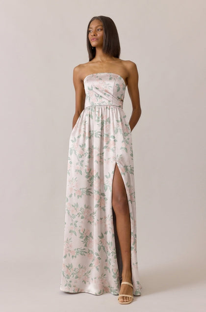 Maren Satin Floral Print Dress | Made To Order | Soft Champagne Bouquet