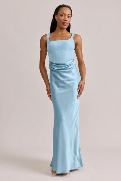 Marlowe Satin + Crepe Dress | Made To Order | Light Blue Crepe / Light Blue Satin