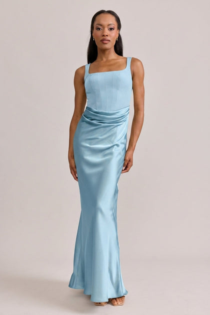 Marlowe Satin + Crepe Dress | Made To Order | Light Blue Crepe / Light Blue Satin