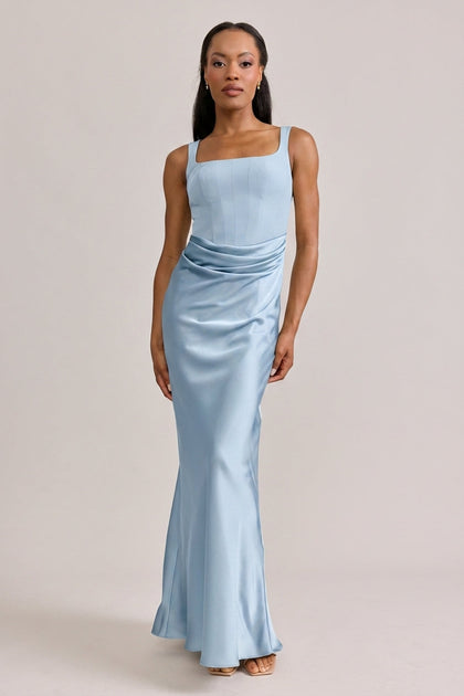 Marlowe Satin + Crepe Dress | Made To Order | Sky Blue Crepe / Sky Blue Satin