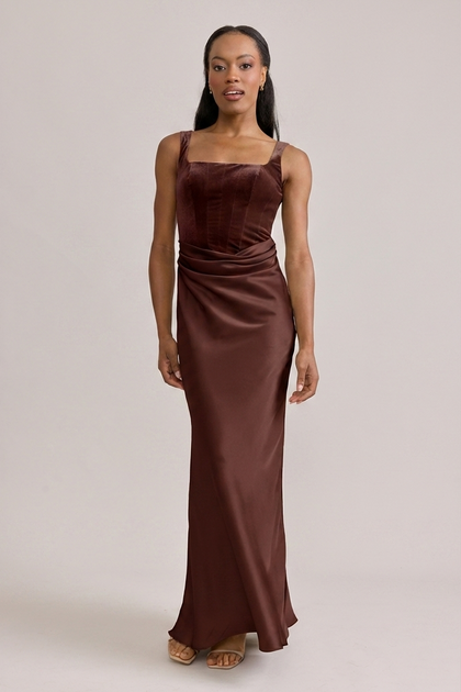 Marlowe Satin + Velvet Dress | Made To Order | Mahogany Velvet / Mahogany Satin