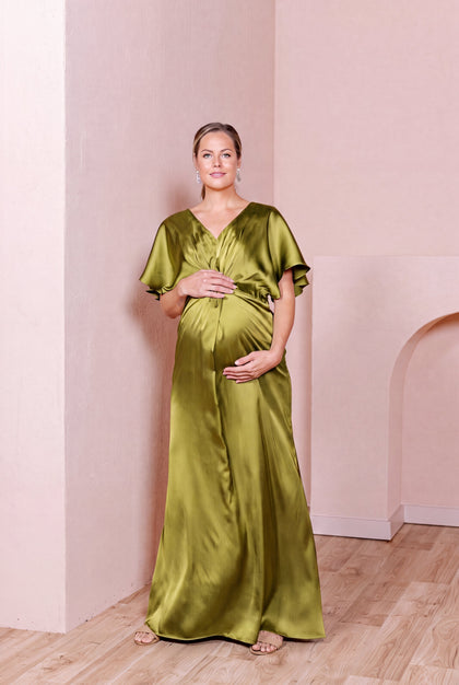 Maternity Gwen Satin Dress | Made To Order | Chartreuse
