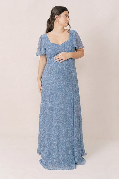 Maternity Madeline Convertible Chiffon Floral Print Dress | Made To Order | Dusty Blue Posey