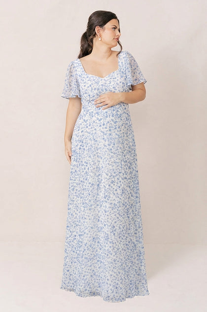 Maternity Madeline Convertible Chiffon Floral Print Dress | Made To Order | French Blue Posey