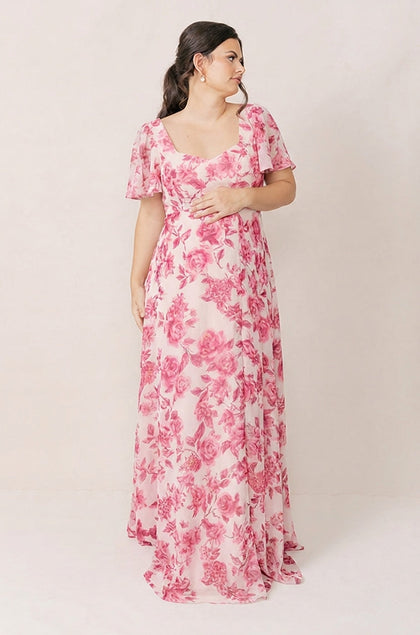 Maternity Madeline Convertible Chiffon Floral Print Dress | Made To Order | Hot Pink Garden