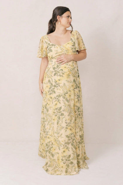 Maternity Madeline Convertible Chiffon Floral Print Dress | Made To Order | Pale Yellow Meadow Blooms