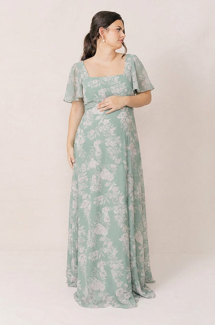 Maternity Madeline Convertible Chiffon Floral Print Dress | Made To Order | Sage and Champagne Bouquet
