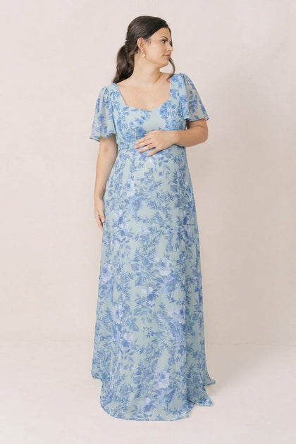Maternity Madeline Convertible Chiffon Floral Print Dress | Made To Order | Sage and Sky Blue Meadow Blooms