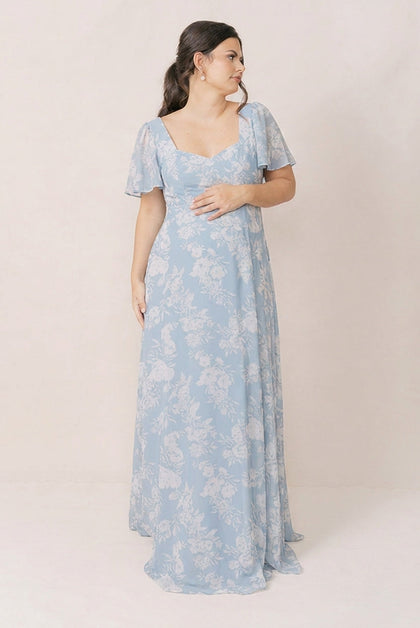 Maternity Madeline Convertible Chiffon Floral Print Dress | Made To Order | Sky Blue Bouquet