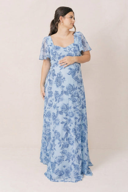 Maternity Madeline Convertible Chiffon Floral Print Dress | Made To Order | Sky Blue Garden