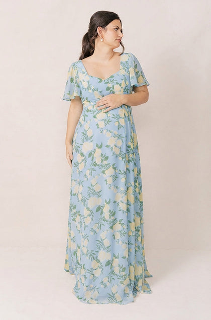 Maternity Madeline Convertible Chiffon Floral Print Dress | Made To Order | Sky Blue Multi Bouquet