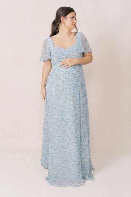 Maternity Madeline Convertible Chiffon Floral Print Dress | Made To Order | Sky Blue Multi Posey
