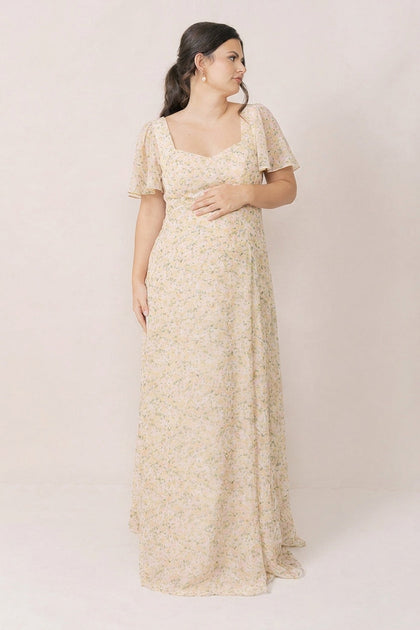 Maternity Madeline Convertible Chiffon Floral Print Dress | Made To Order | Yellow Posey