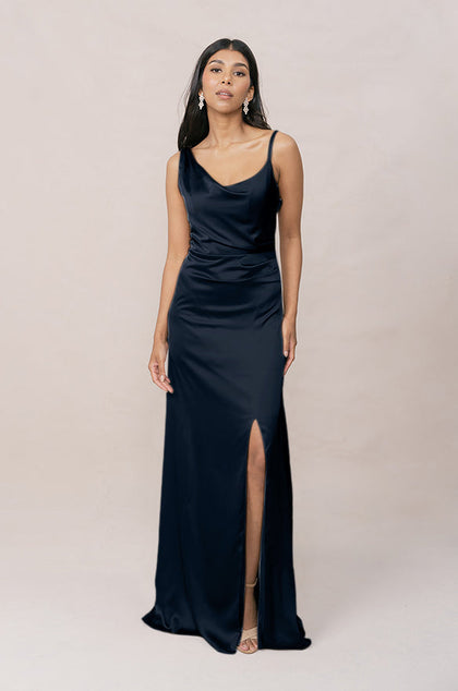Maxine Satin Dress | Made To Order | Navy Blue