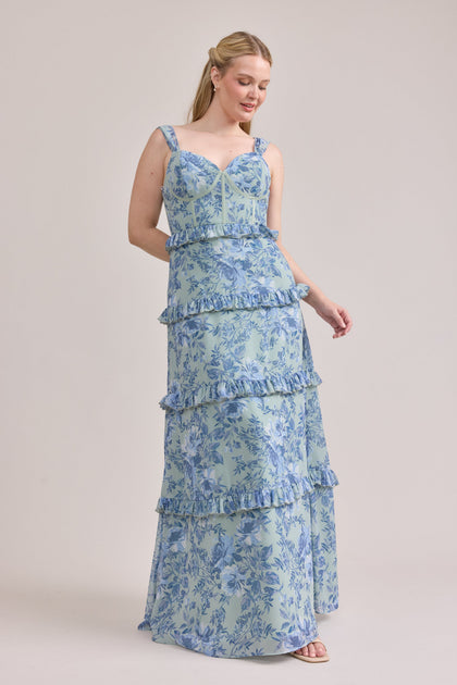 Chiffon Floral Print Mega Swatch | Sage and Sky Blue Meadow Blooms