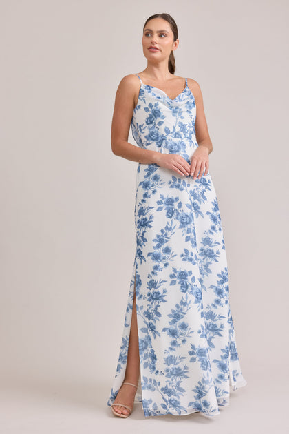 Nadia Chiffon Floral Print Dress | Made To Order | Dusty Blue Bouquet