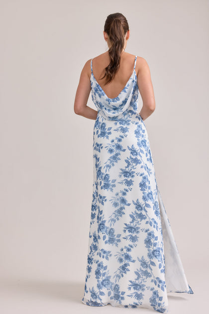 Nadia Chiffon Floral Print Dress | Made To Order | Dusty Blue Bouquet