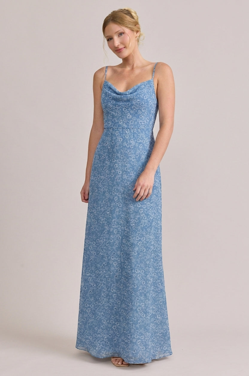 Nadia Chiffon Floral Print Dress | Dusty Blue Posey