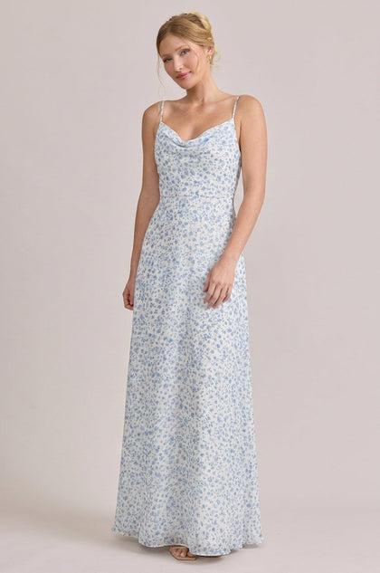 Nadia Chiffon Floral Print Dress | Made To Order | French Blue Posey