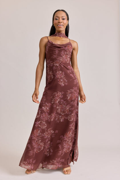 Nadia Chiffon Floral Print Dress | Made To Order | Mahogany Blooms