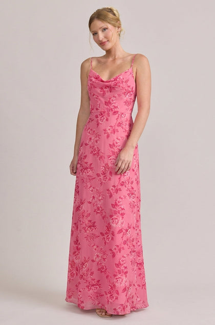 Nadia Chiffon Floral Print Dress | Made To Order | Malibu Pink Bouquet