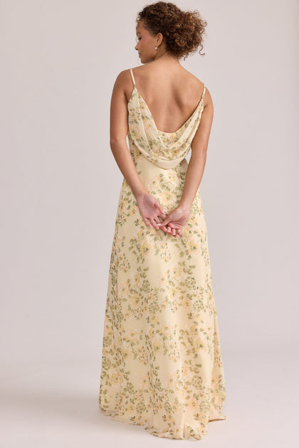 Nadia Chiffon Floral Print Dress | Made To Order | Pale Yellow Blossom