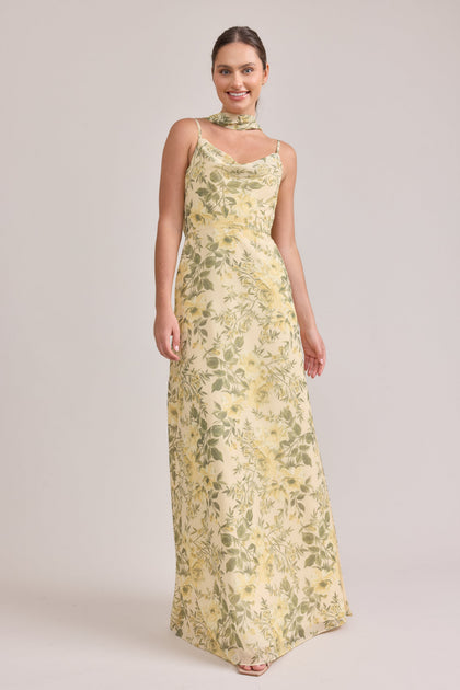 Nadia Chiffon Floral Print Dress | Made To Order | Pale Yellow Meadow Blooms