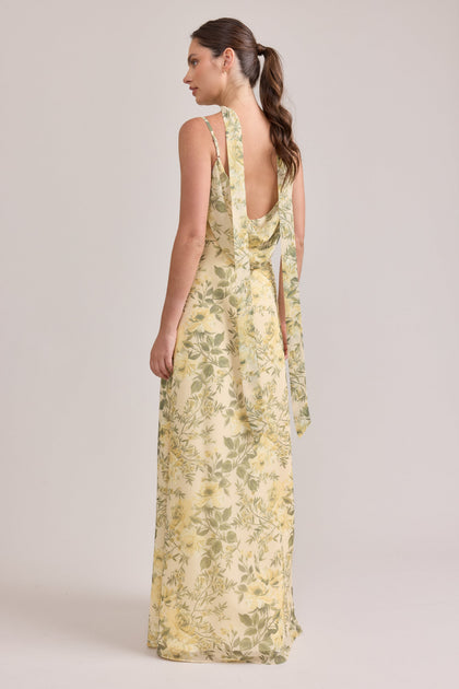 Nadia Chiffon Floral Print Dress | Made To Order | Pale Yellow Meadow Blooms