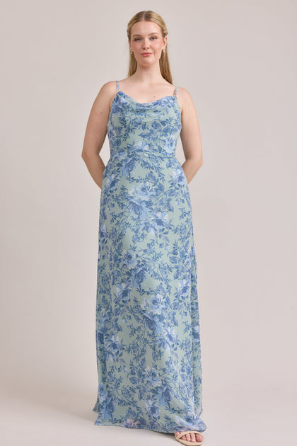 Nadia Chiffon Floral Print Dress | Made To Order | Sage and Sky Blue Meadow Blooms