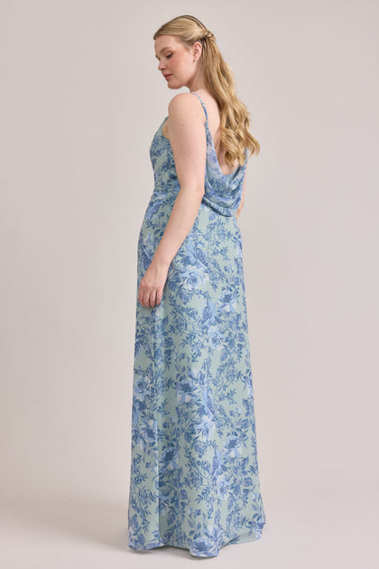 Nadia Chiffon Floral Print Dress | Made To Order | Sage and Sky Blue Meadow Blooms