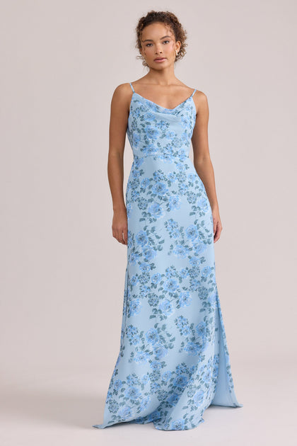 Nadia Chiffon Floral Print Dress | Made To Order | Sky Blue Blossom