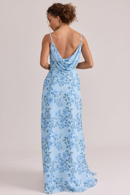 Nadia Chiffon Floral Print Dress | Made To Order | Sky Blue Blossom