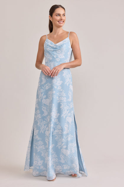 Nadia Chiffon Floral Print Dress | Made To Order | Sky Blue Bouquet