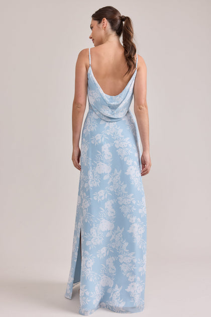 Nadia Chiffon Floral Print Dress | Made To Order | Sky Blue Bouquet