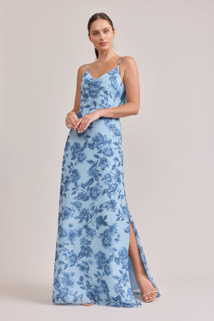 Nadia Chiffon Floral Print Dress | Made To Order | Sky Blue Garden