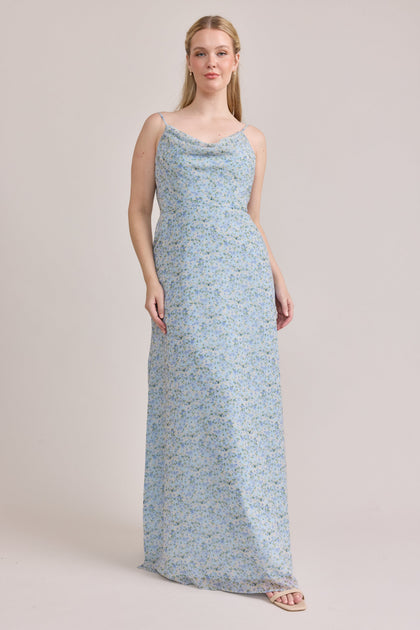 Nadia Chiffon Floral Print Dress | Made To Order | Sky Blue Multi Posey