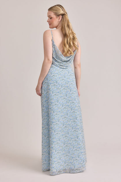 Nadia Chiffon Floral Print Dress | Made To Order | Sky Blue Multi Posey