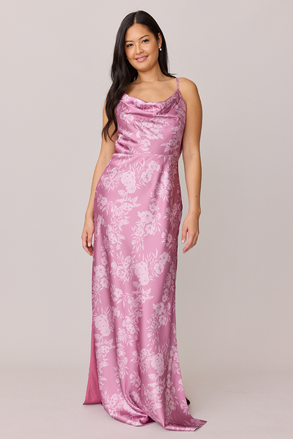 Nadia Satin Floral Print Dress | Made To Order | Mauve Pink Bouquet