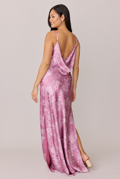 Nadia Satin Floral Print Dress | Made To Order | Mauve Pink Bouquet