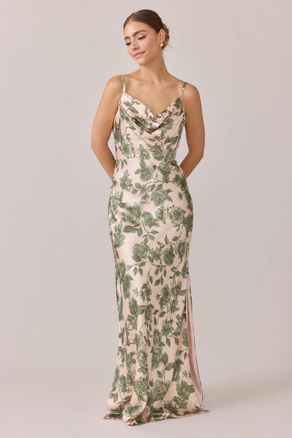 Nadia Satin Floral Print Dress | Made To Order | Moss Garden