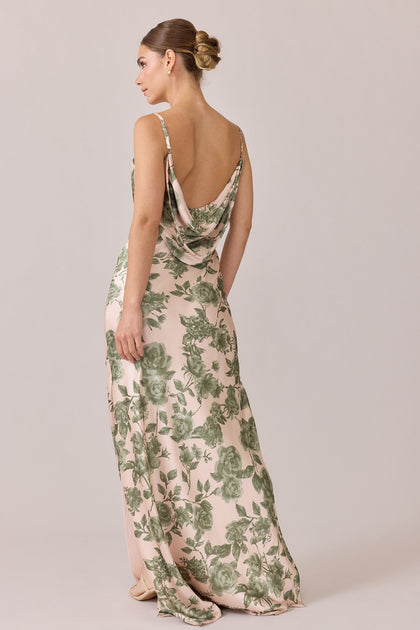 Nadia Satin Floral Print Dress | Made To Order | Moss Garden