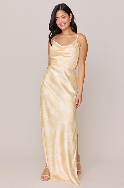 Nadia Satin Floral Print Dress | Made To Order | Pale Yellow Bouquet