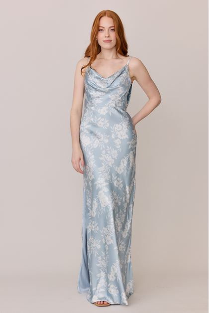 Nadia Satin Floral Print Dress | Made To Order | Sky Blue Bouquet