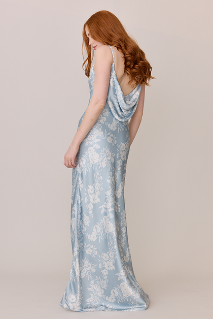 Nadia Satin Floral Print Dress | Made To Order | Sky Blue Bouquet